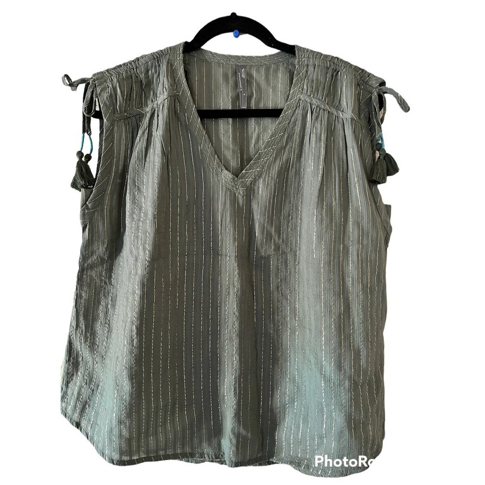 Anthropologie Metallic Gold Pinstripe V-Neck  Sleeveless Blouse Green S